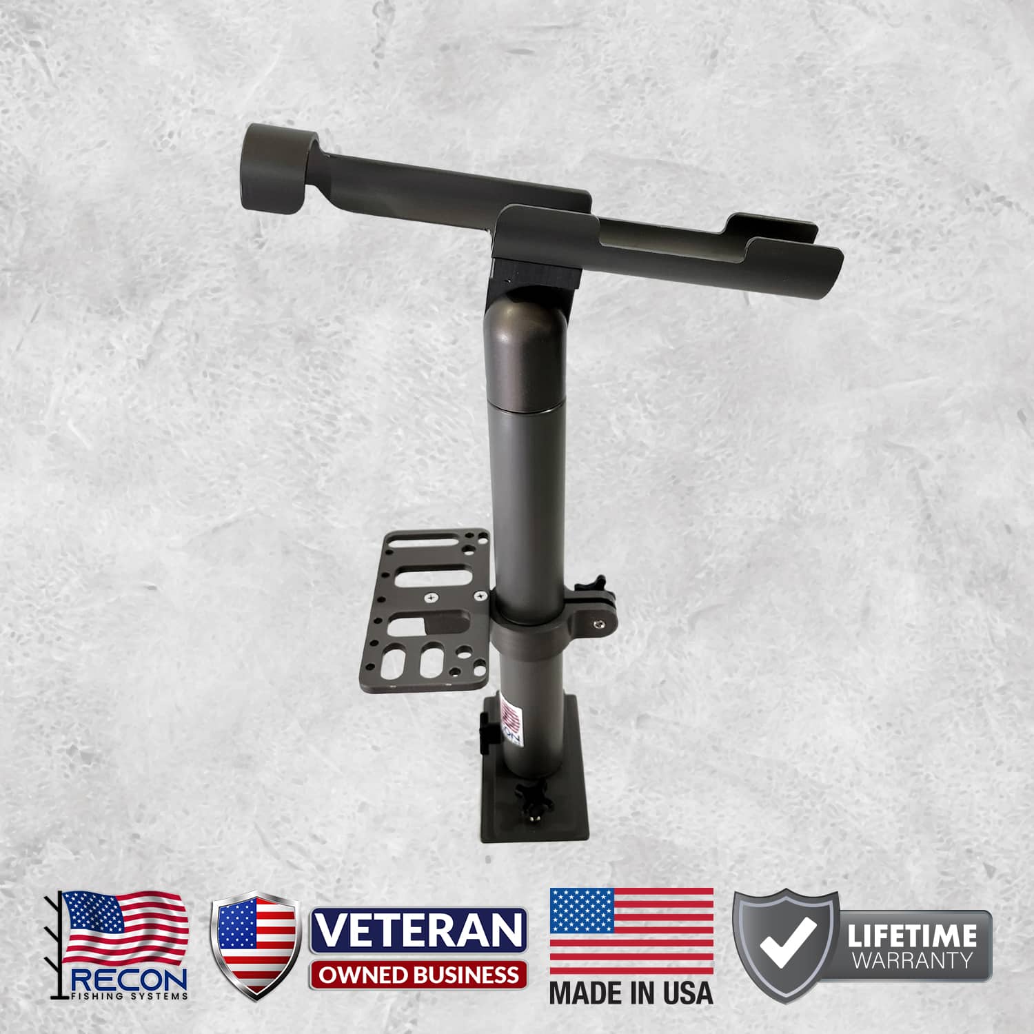 RECON Marine Tool Holder - Hard Coat Anodized (Color: Gunmetal Gray) without 6" Riser Tube Base but mounted on our 12" Rod Cradle with Riser - Hard Coat Anodized (Color: Gunmetal Gray) which is sold separately.